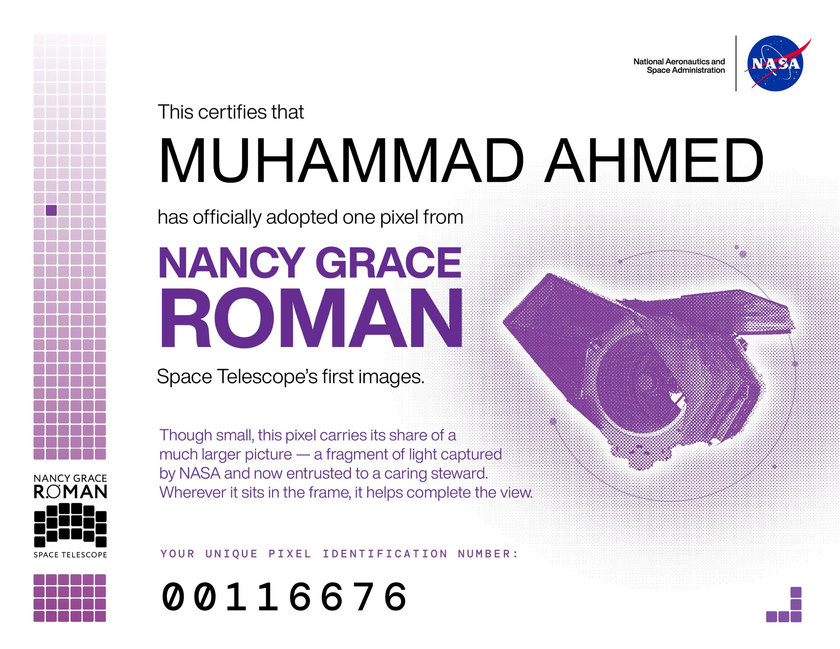 Nancy Grace Roman Space Telescope Pixel certificate preview