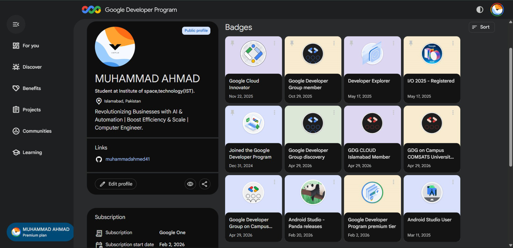 Google Developer Program Profile and Badges certificate preview