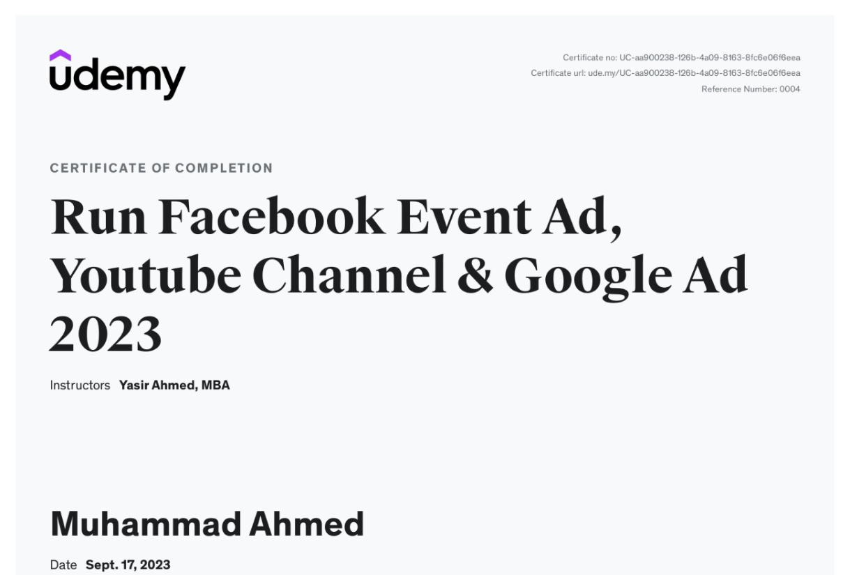 Run Facebook Event Ad, YouTube Channel & Google Ad 2023 certificate preview